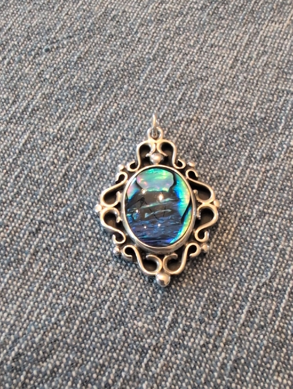 Sterling Silver Filigree Abalone Shell Pendant in Blue-Green